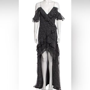 NEW RARE Jonathan Simkhai off the shoulder long silk ruffle slit dress polka dot